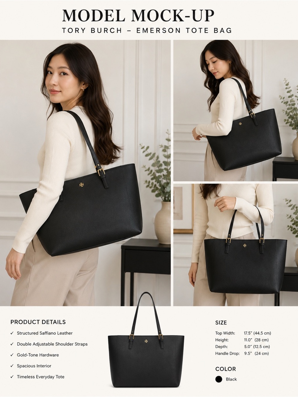 Tory Burch Black Saffiano Leather Double-Handle Tote with Gold Logo